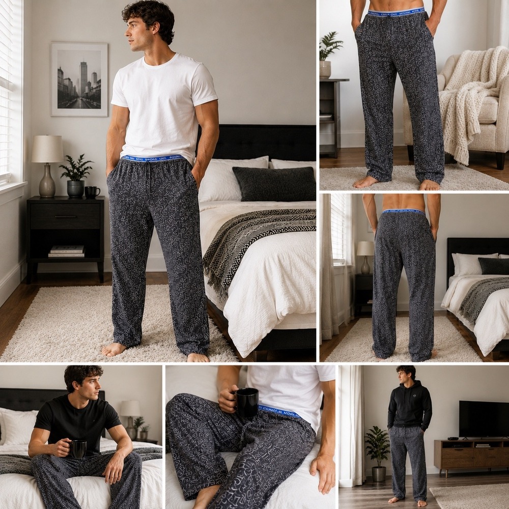 Michael Kors Pajama Pants Mens M Grey Cotton Blend Logo Print Lounge Sleepwear